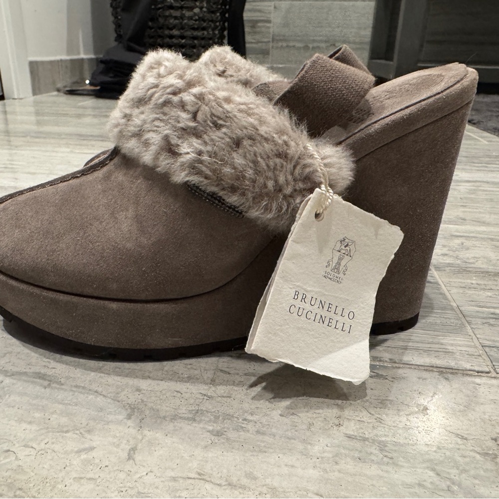 Brunello Cucinelli Grey Suede Wedge Slingbacks IT 37 US 6
